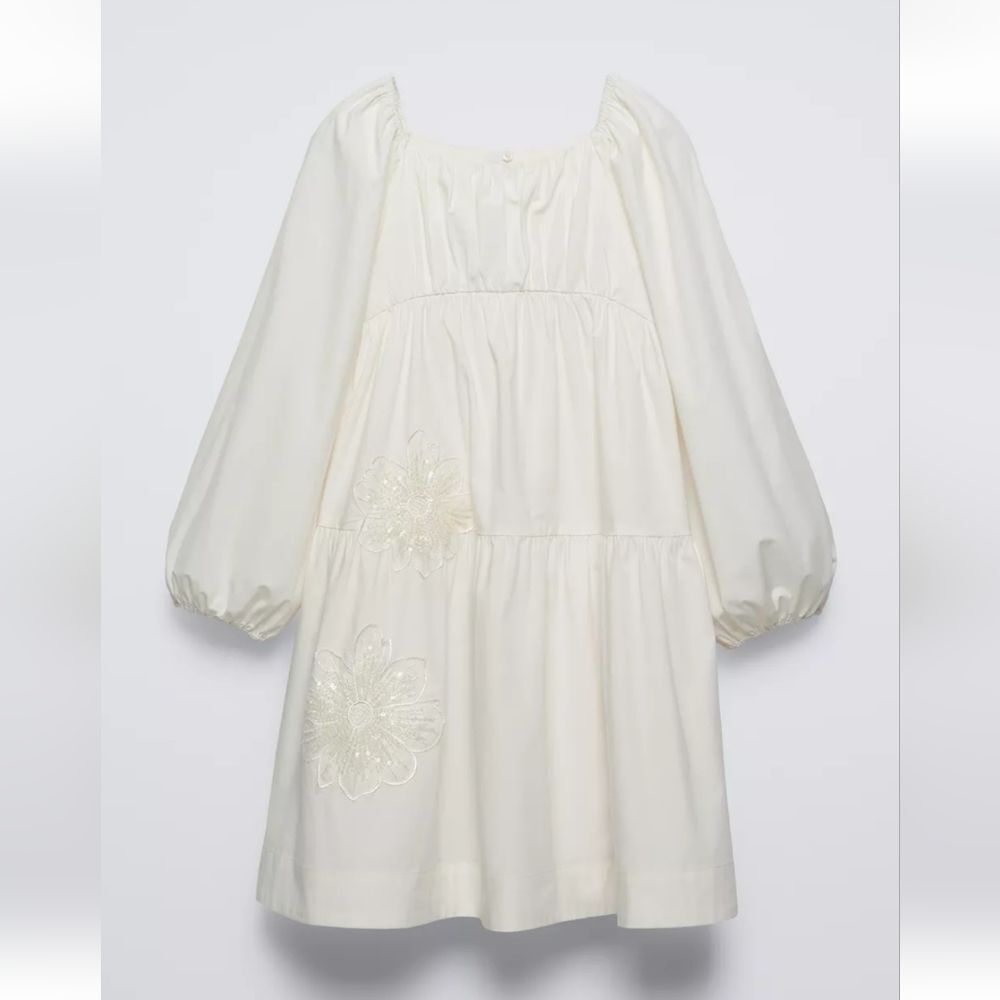 NWT ZARA kids Shimmer Floral Poplin Dress ECRU White Size 13-14